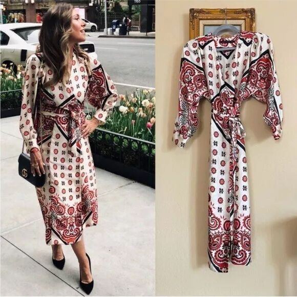 Zara Bloggers Favorite cream red satin scarf print dress - Picture 2 of 8